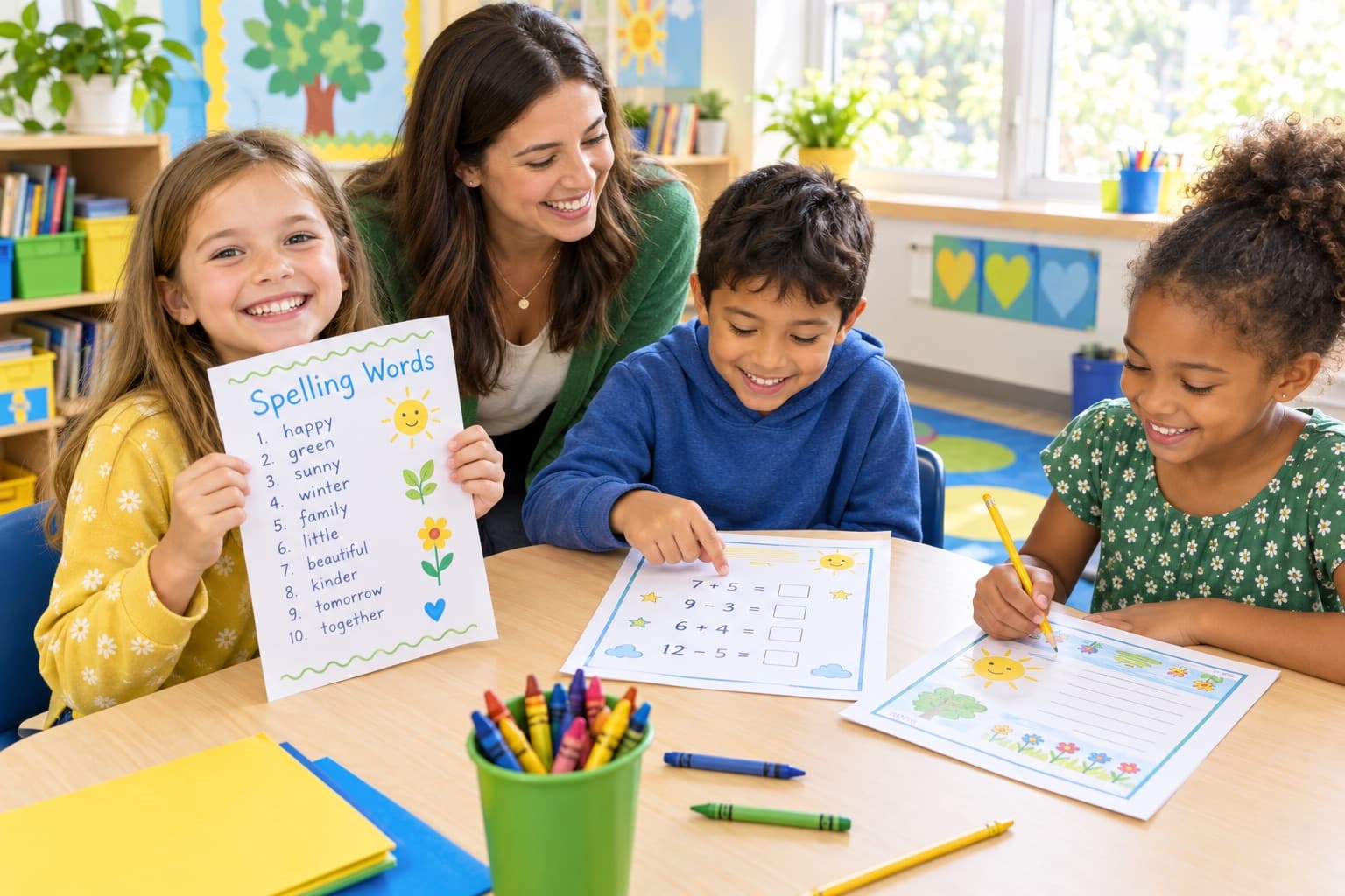 A teacher with children working on printed worksheets