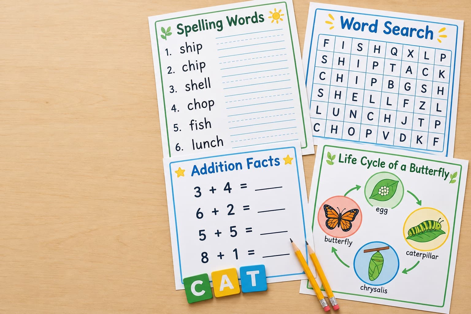 Printed spelling, math and science worksheets made by teachers