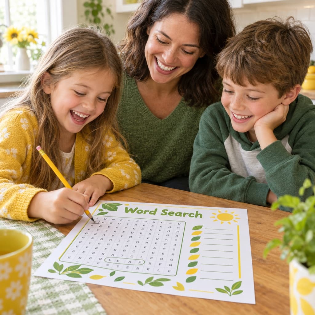 Children and a parent working on a printed word search