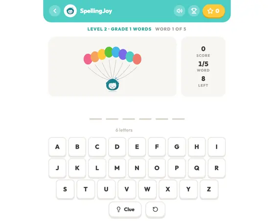 Hangman: Buddy hanging from six balloons above a word being guessed.