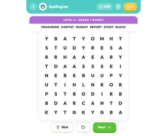 A word search grid with spelling words being found and marked.