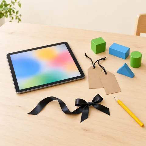 A tablet on a classroom table next to blank gift tags, a black ribbon and toy blocks