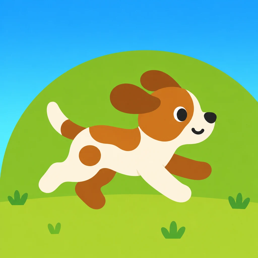 A dog running across a green hill in a story scene