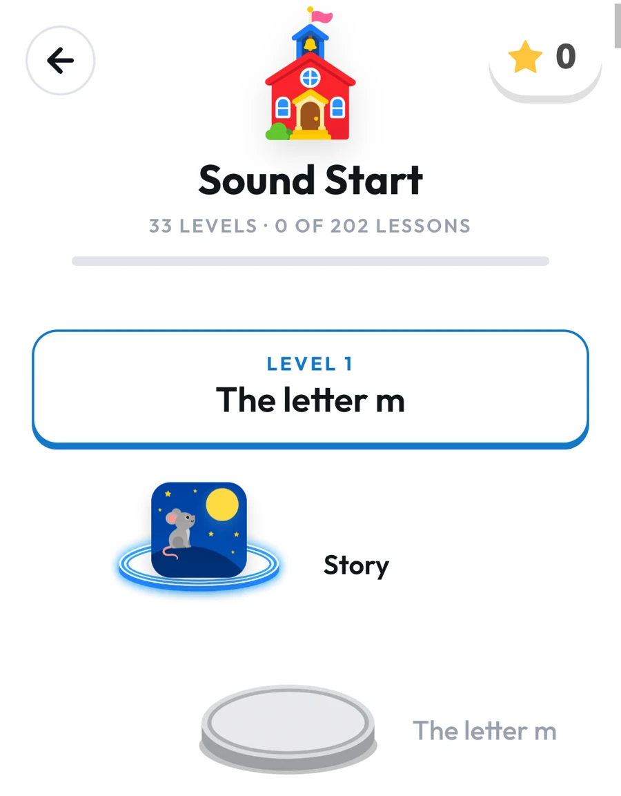 A real SpellingJoy Reading screen: the Sound Start map, level 1, the letter m